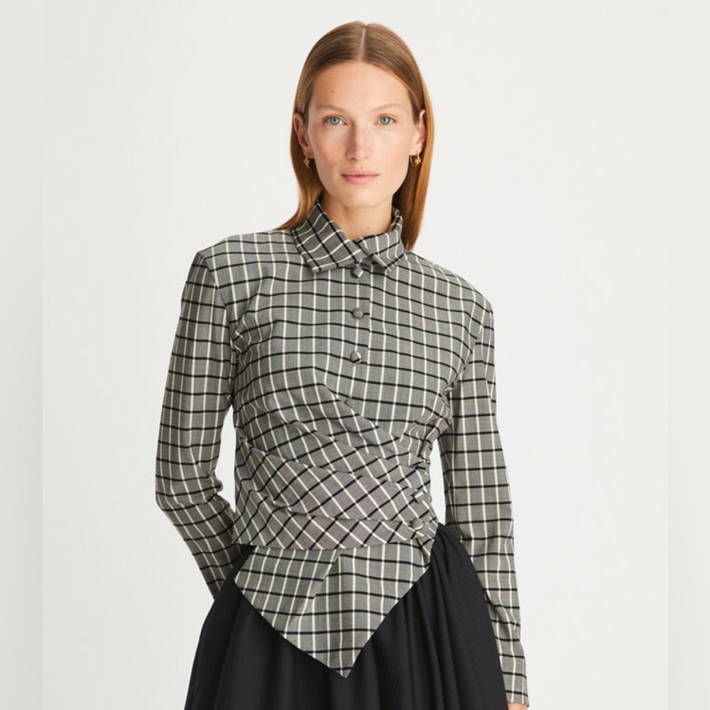NWT $698 Tory Burch Plaid Asymmetric Wrap Shirt Blouse